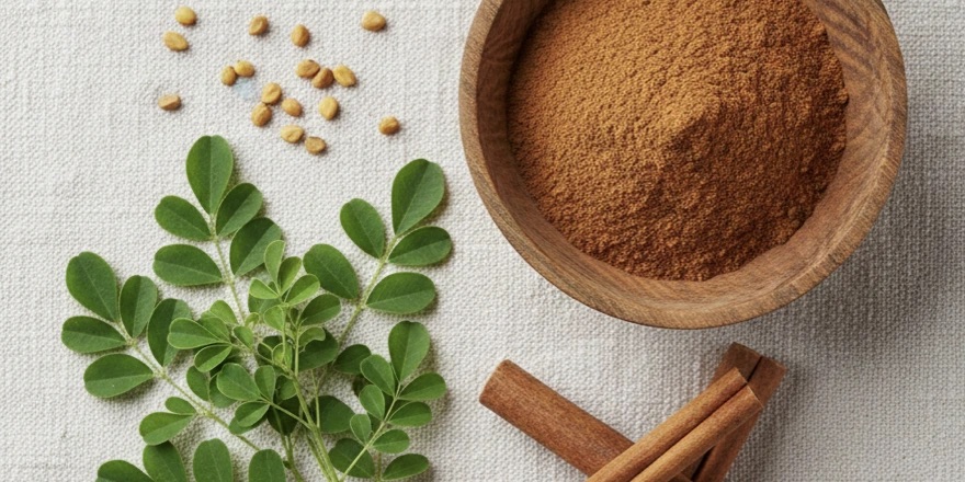 A small bowl of cinnamon sticks and powder next to fresh moringa leaves.