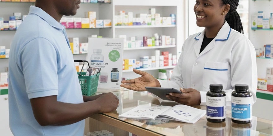 A healthcare professional talking to a customer in a clean pharmacy setting.